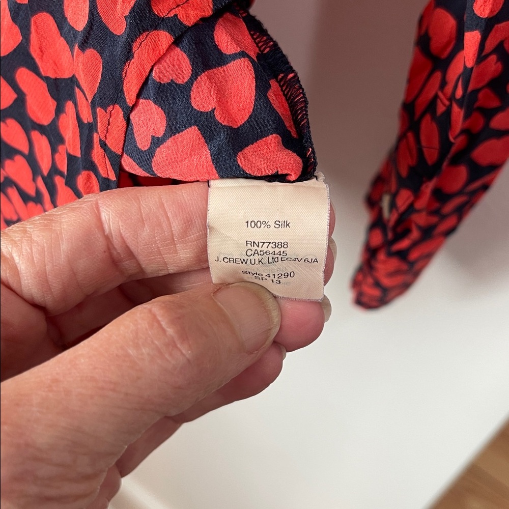 J. CREW silk button blouse, black with red hearts - Picture 7 of 7